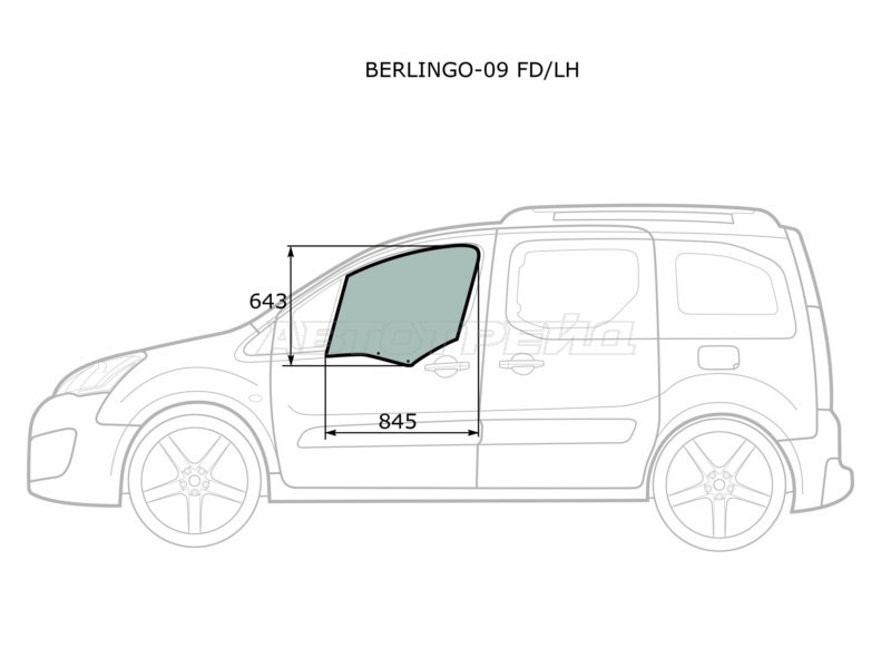 Стекло боковое опускное (Спереди / Слева / Цвет зеленый) Citroen Berlingo 08-22 / Peugeot Partner 08-15