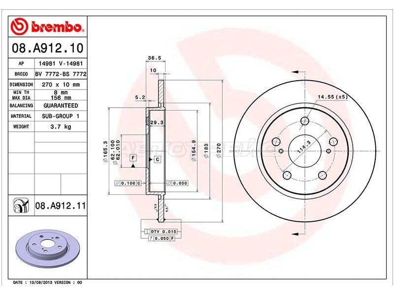 Диск тормозной (Сзади) Toyota Corolla (E150,E180) 06-19 / Auris 06-18