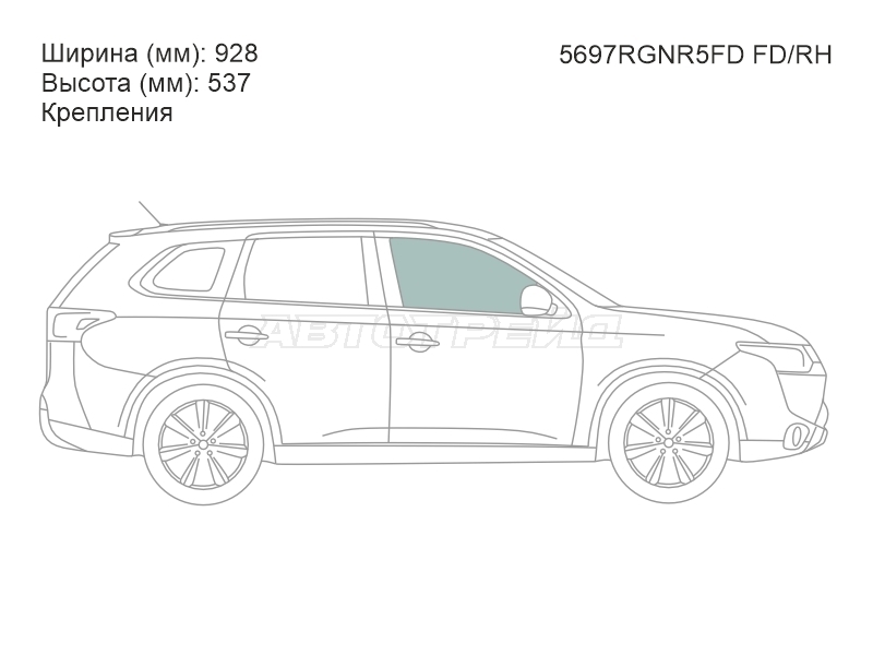 Стекло боковое опускное (Спереди / Справа / Цвет зеленый / Крепления) Mitsubishi Outlander 12-22