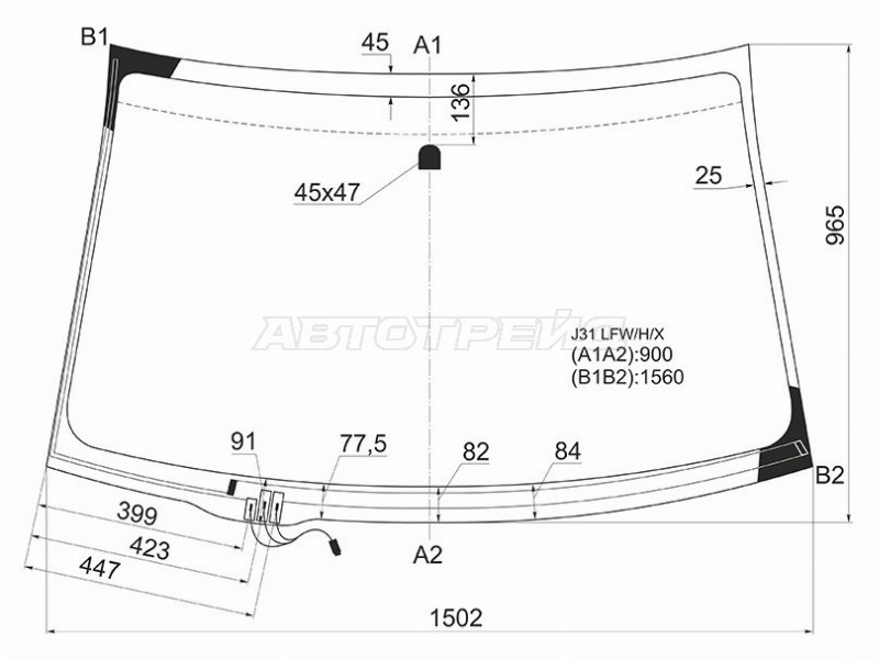 Стекло лобовое (Обогрев щеток) Nissan Teana 03-08