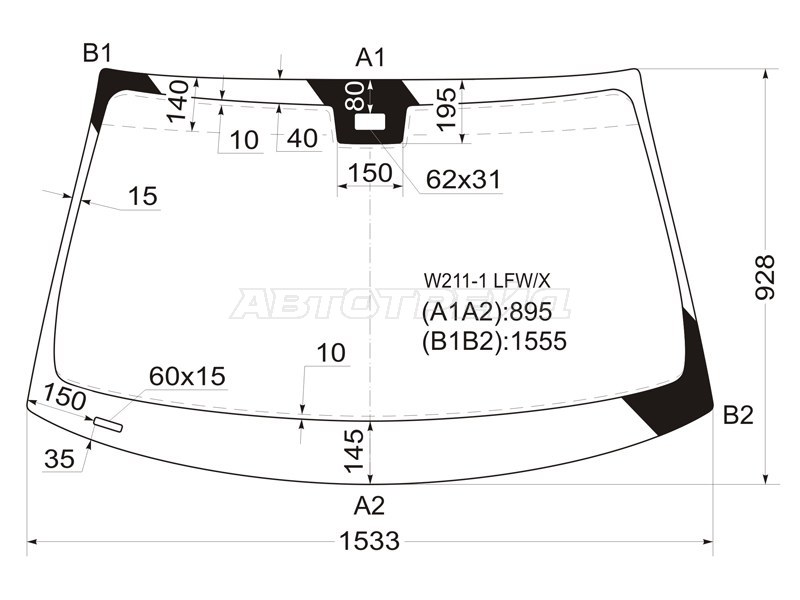 Стекло лобовое (Датчик дождя / Панорамная крыша / 4D SED / 5D WGN) Mercedes-Benz E-Class 02-09