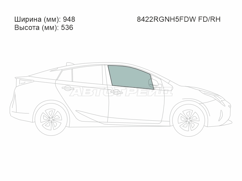 Стекло боковое опускное (Спереди / Справа / Цвет зеленый / Крепления) Toyota Prius (ZVW50) 15-23 / Prius PHV 17-23