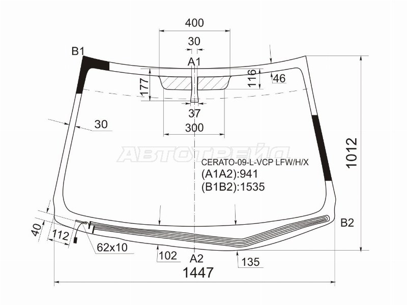 Стекло лобовое (Обогрев щеток / 5D HBK / 4D SED) Kia Cerato 08-13 / Forte 08-13