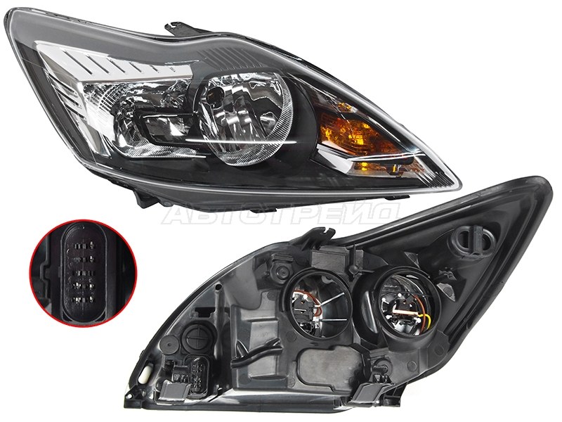 Фара Ford Focus 07-11 (Справа / Галоген / С электрокорректором / Чёрная)