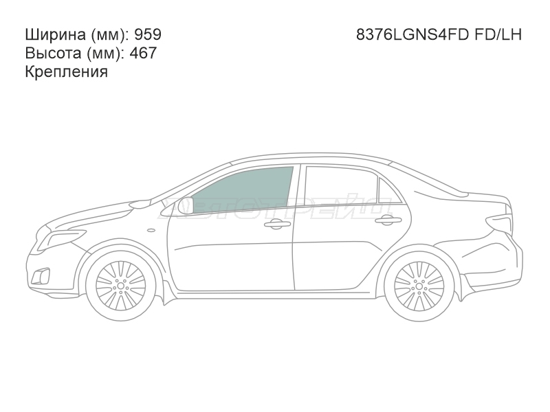 Стекло боковое опускное (Спереди / Слева / Цвет зеленый / Крепления) Toyota Corolla (E150) 06-13 / Corolla USA (E140) 08-13