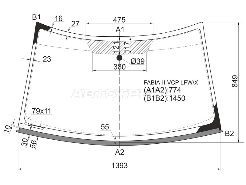 Стекло лобовое (Молдинг) Skoda Fabia 07-15 / Praktik 06-15