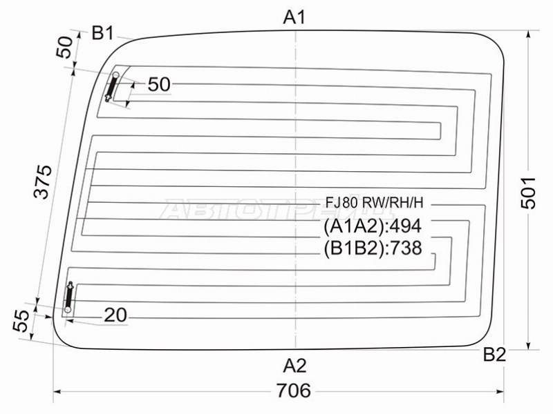 Стекло заднее (Цвет зеленый / Обогрев / Правое) Toyota Land Cruiser (J80) 89-97