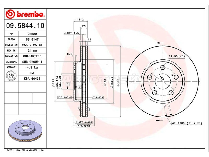 Диск тормозной (Спереди) Toyota Allion (T240) 01-07 / Caldina 92-02