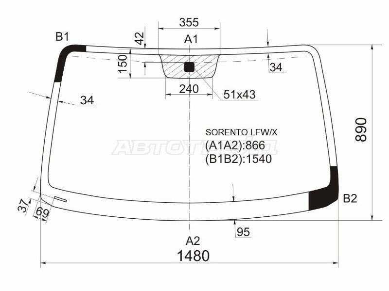 Стекло лобовое Kia Sorento 02-09