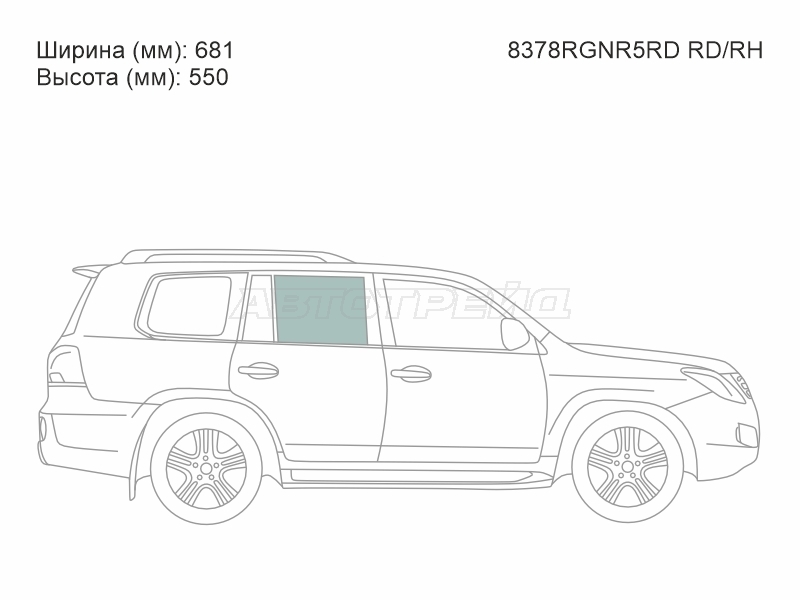 Стекло боковое опускное (Сзади / Справа / Цвет зеленый) Toyota Land Cruiser (J200) 07-21 / Lexus LX 07-23