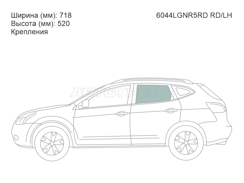 Стекло боковое опускное (Сзади / Слева / Цвет зеленый / Крепления) Nissan Qashqai 06-13 / Dualis 07-14