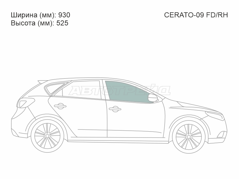 Стекло боковое опускное (Спереди / Справа / Цвет зеленый) Kia Cerato 08-13 / Forte 08-13