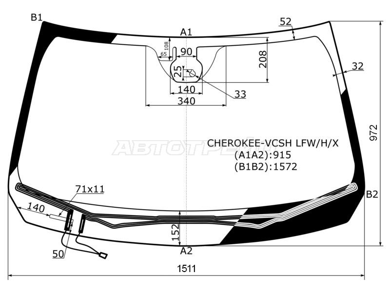Стекло лобовое (Обогрев щеток / Датчик дождя / Молдинг) Jeep Cherokee 13-21