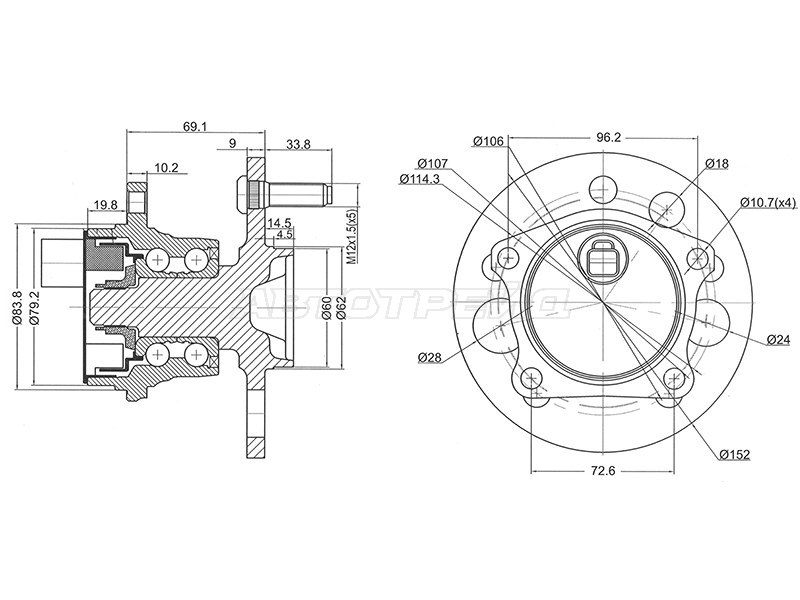Ступичный узел Toyota Ipsum (SXM10) 96-01 / Gaia 98-04 (ABS / Справа=Слева / Сзади / 2WD)