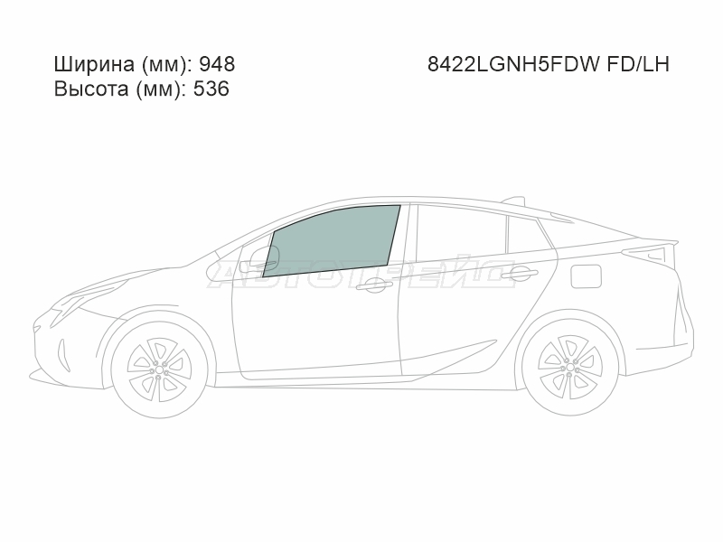 Стекло боковое опускное (Спереди / Слева / Цвет зеленый / Крепления) Toyota Prius (ZVW50) 15-23 / Prius PHV 17-23