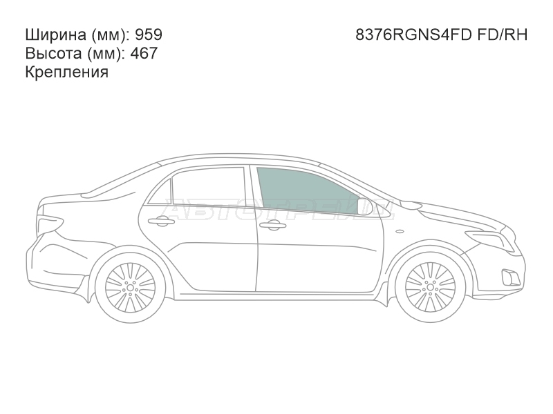 Стекло боковое опускное (Спереди / Справа / Цвет зеленый / Крепления) Toyota Corolla (E150) 06-13 / Corolla USA (E140) 08-13