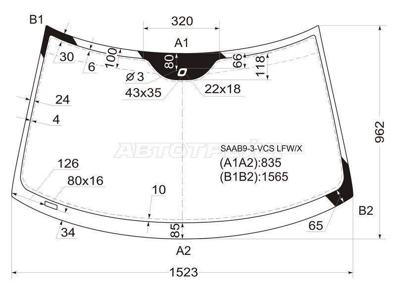 Стекло лобовое (Датчик дождя) Saab 9-3 02-14