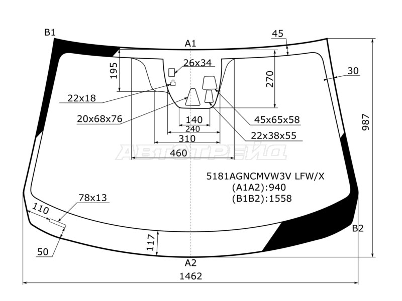 Стекло лобовое (Три камеры / Датчик дождя) Mazda 3 13-19
