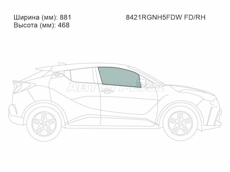 Стекло боковое опускное (Спереди / Справа / Цвет зеленый / Крепления) Toyota C-HR 16-23