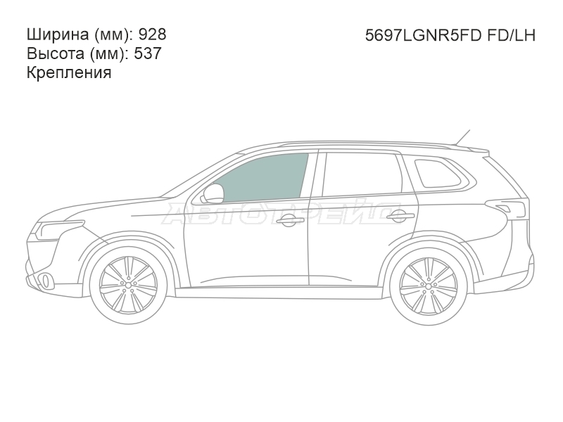 Стекло боковое опускное (Спереди / Слева / Цвет зеленый / Крепления) Mitsubishi Outlander 12-22