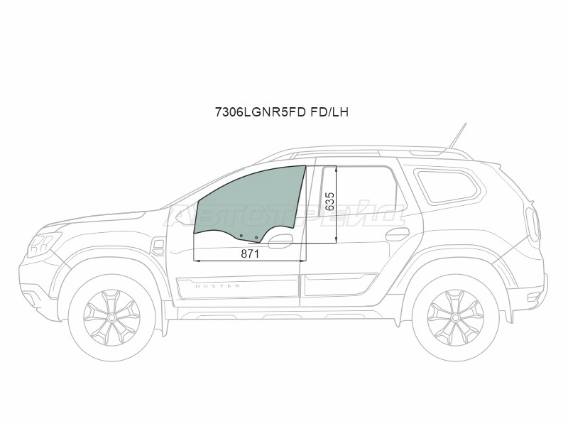 Стекло боковое опускное (Спереди / Слева / Цвет зеленый) Renault Duster 21- / Dacia Duster 17-