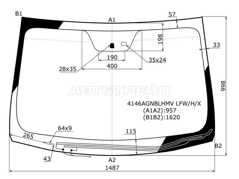 Стекло лобовое (Обогрев щеток / Датчик дождя / Сборка Россия) Hyundai i40 11-17
