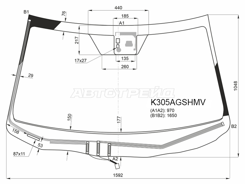Стекло лобовое (Обогрев щеток / Датчик дождя) Acura MDX 13-21