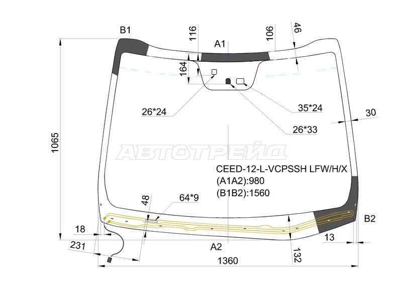 Стекло лобовое (Обогрев щеток / Датчик дождя) Kia Ceed 12-16