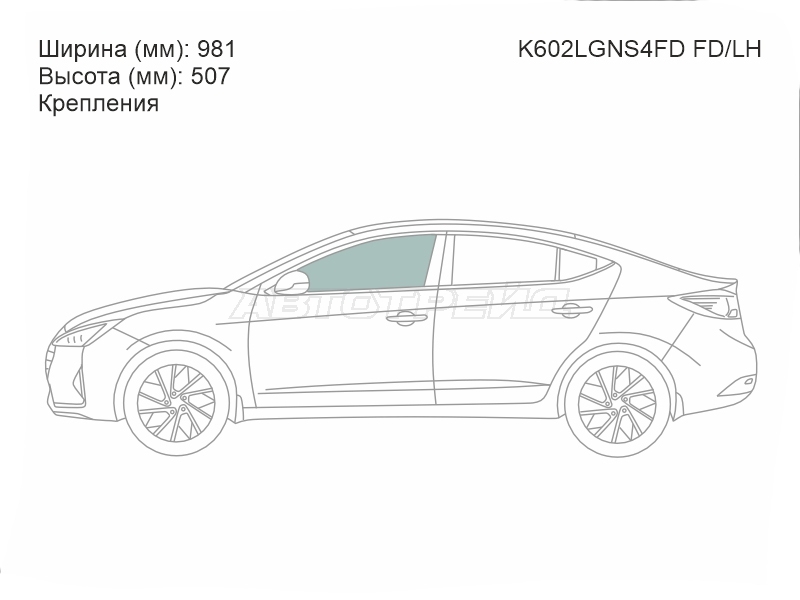 Стекло боковое опускное (Спереди / Слева / Цвет зеленый / Крепления) Hyundai Elantra 15-20