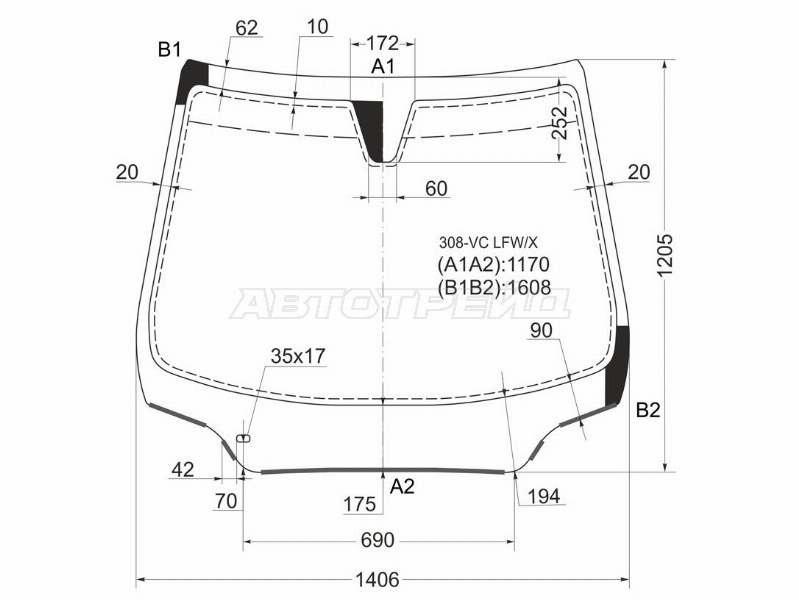 Стекло лобовое (Молдинг) Peugeot 308 07-15 / 408 12-22