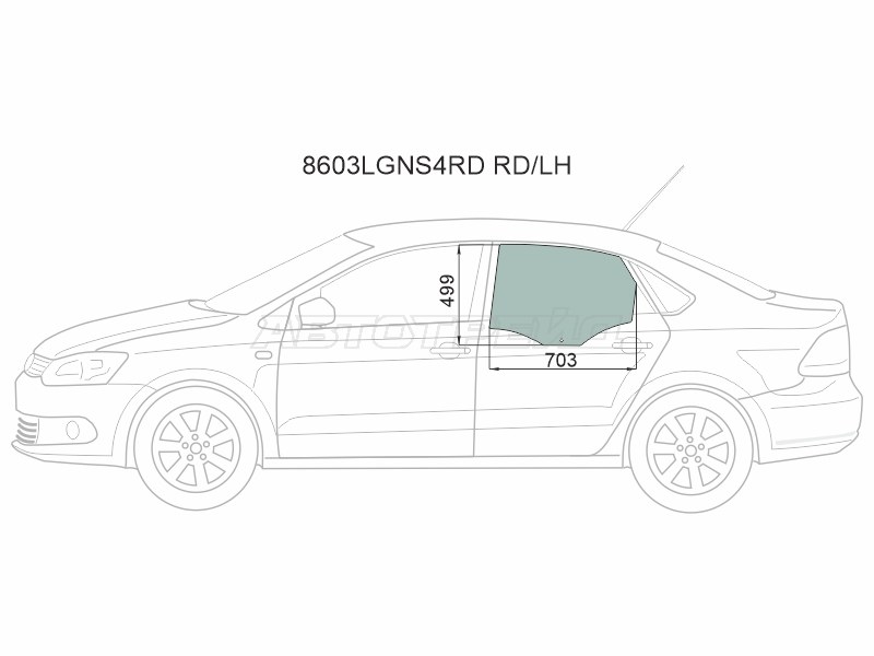 Стекло боковое опускное (Сзади / Слева / Цвет зеленый) Skoda Rapid 20- / Volkswagen Polo 09-20
