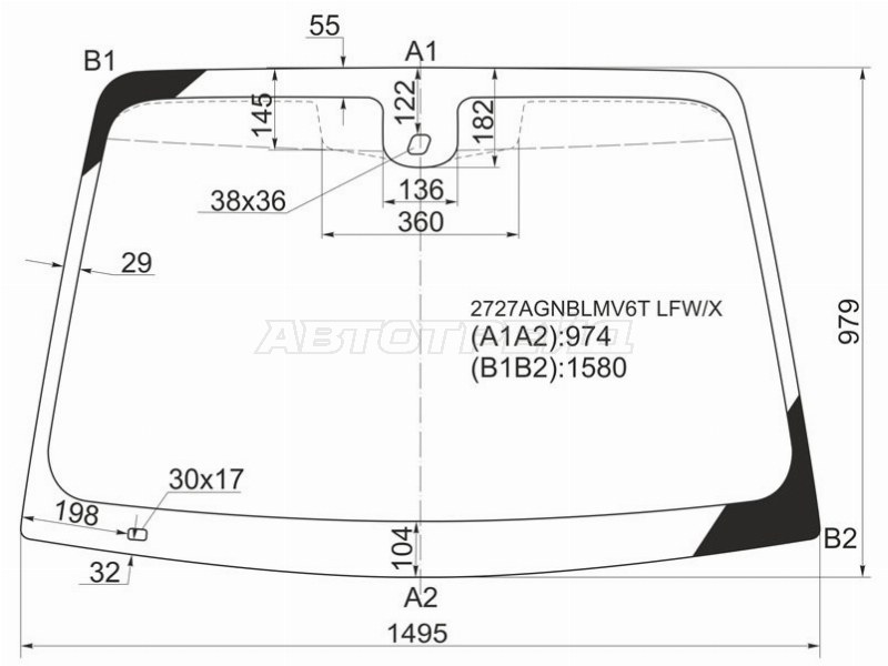 Стекло лобовое (Датчик дождя / Ромбовидный датчик дождя) Citroen C5 04-08