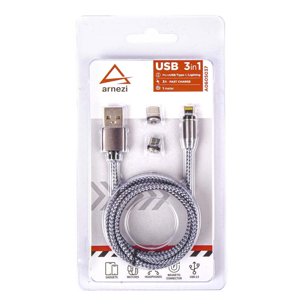 Дата-кабель зарядный 3в1 USB Micro/Type C/Lightning (1 м, 3А) магнитный коннектор, c подсветкой