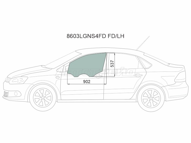 Стекло боковое опускное (Спереди / Слева / Цвет зеленый) Skoda Rapid 20- / Volkswagen Polo 09-20