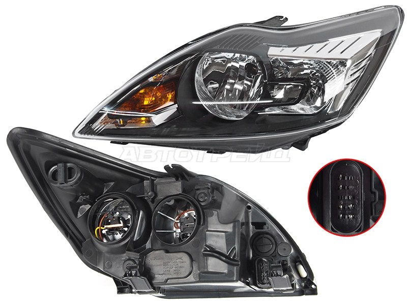 Фара Ford Focus 07-11 (Слева / Галоген / С электрокорректором / Чёрная)