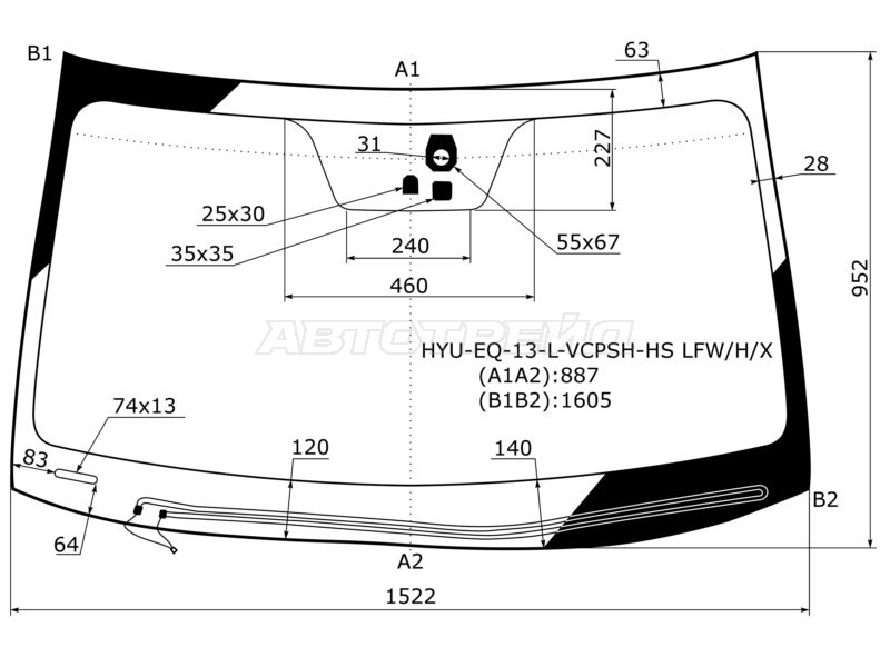 Стекло лобовое (Обогрев щеток / Датчик дождя / Круглый датчик дождя) Hyundai Equus 13-17