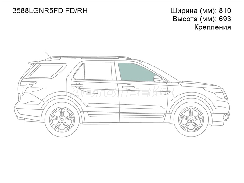 Стекло боковое опускное (Спереди / Справа / Цвет зеленый / Крепления) Ford Explorer 10-17