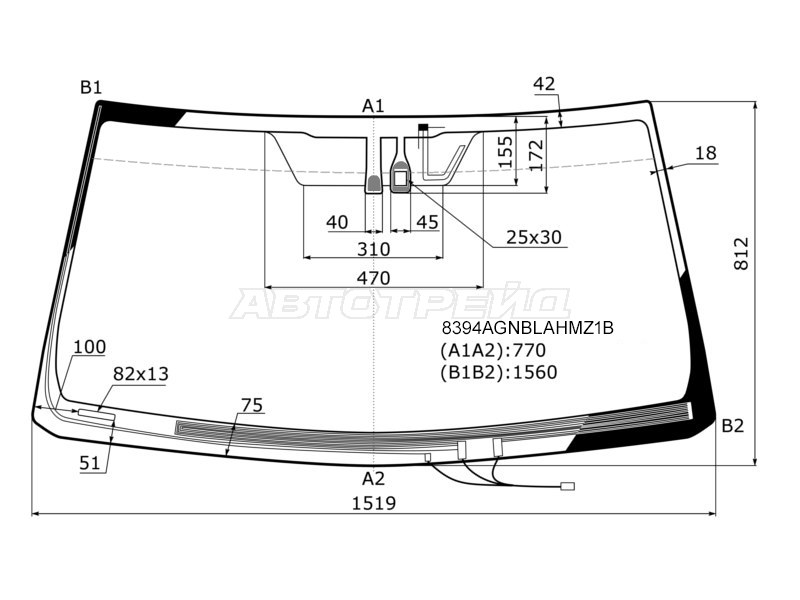Стекло лобовое (Обогрев щеток / Антенна / Датчик дождя) Toyota Land Cruiser Prado (J150) 09-17 / Lexus GX 09-19