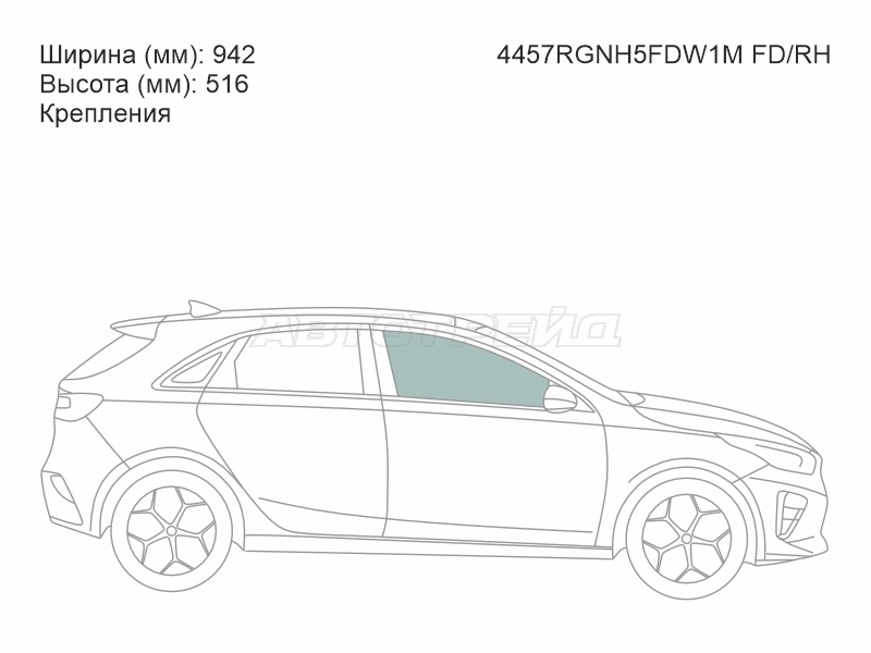 Стекло боковое опускное (Спереди / Справа / Цвет зеленый / Крепления) Kia Ceed 18-21
