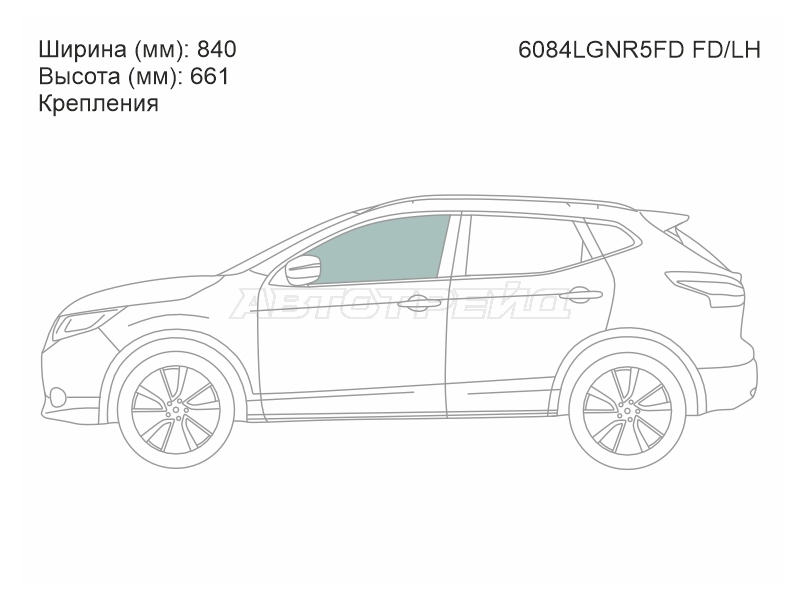 Стекло боковое опускное (Спереди / Слева / Цвет зеленый / Крепления) Nissan Qashqai 13-22