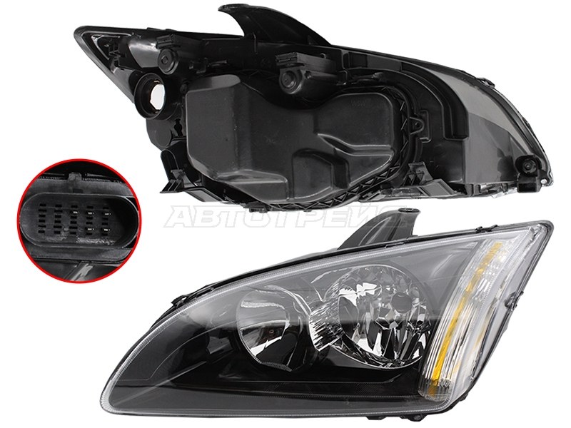 Фара Ford Focus 04-08 (Слева / Галоген / Ручная регулировка / чёрная)