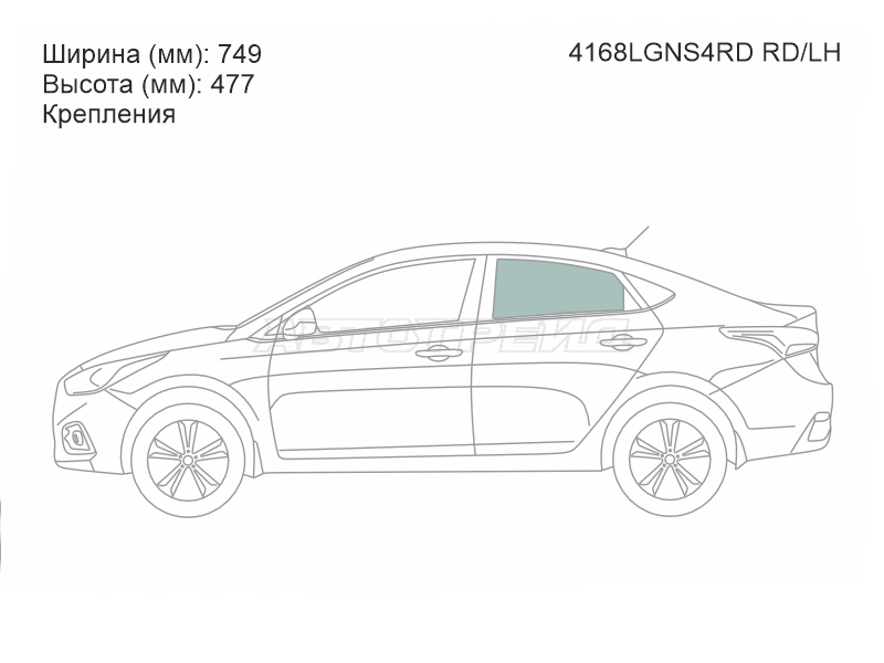 Стекло боковое опускное (Сзади / Слева / Цвет зеленый / Крепления) Hyundai Solaris 17-22 / Accent 17-