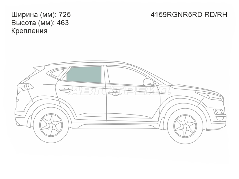 Стекло боковое опускное (Сзади / Справа / Цвет зеленый / Крепления) Hyundai Tucson 15-21