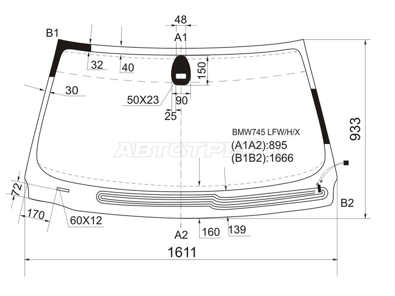 Стекло лобовое (Обогрев щеток / Датчик дождя) BMW 7-Series 01-05