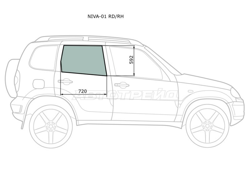 Стекло боковое опускное (Сзади / Справа / Цвет зеленый) Chevrolet Niva 98- / LADA Niva Travel 20-26