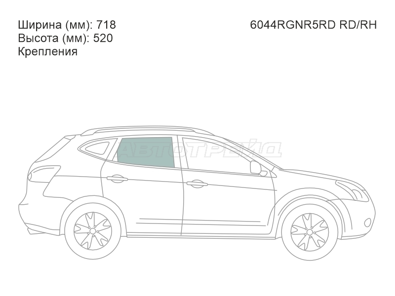 Стекло боковое опускное (Сзади / Справа / Цвет зеленый / Крепления) Nissan Qashqai 06-13 / Dualis 07-14