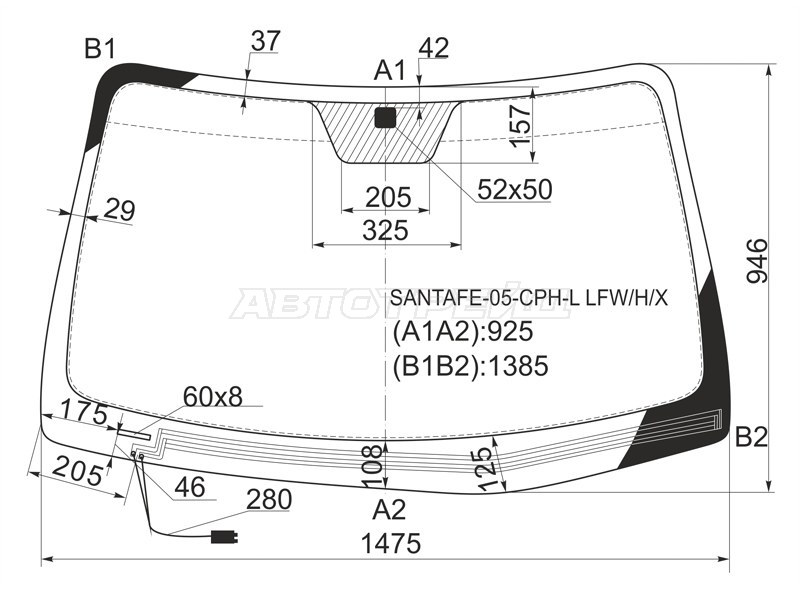Стекло лобовое (Обогрев щеток) Hyundai Santa Fe 05-12