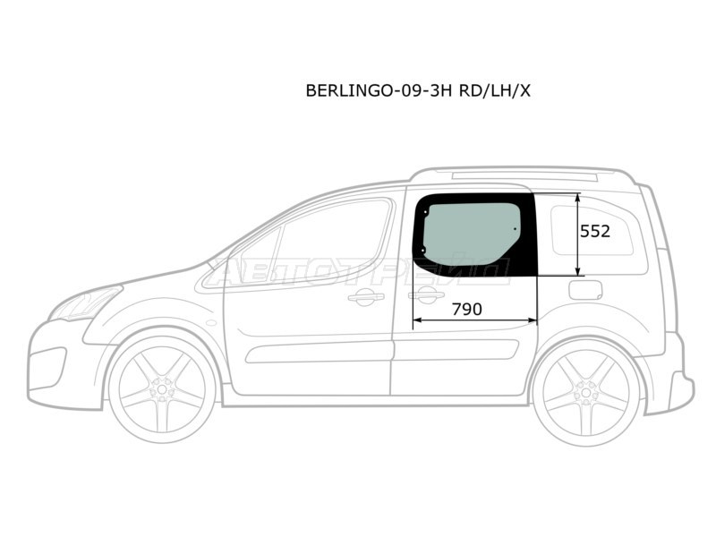 Стекло боковое опускное (Сзади / Слева / Цвет зеленый) Citroen Berlingo 08-22 / Peugeot Partner 08-15